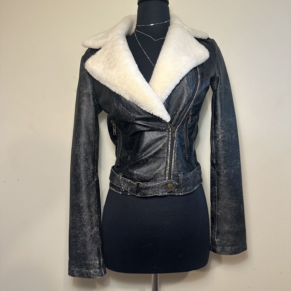 Current Elliott shearling Distressed Black leather biker jacket Size 1